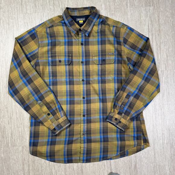 Eddie Bauer Travex Button Up Flannel Mens XL Plaid Yellow Blue Outdoor Hiking - Picture 1 of 6